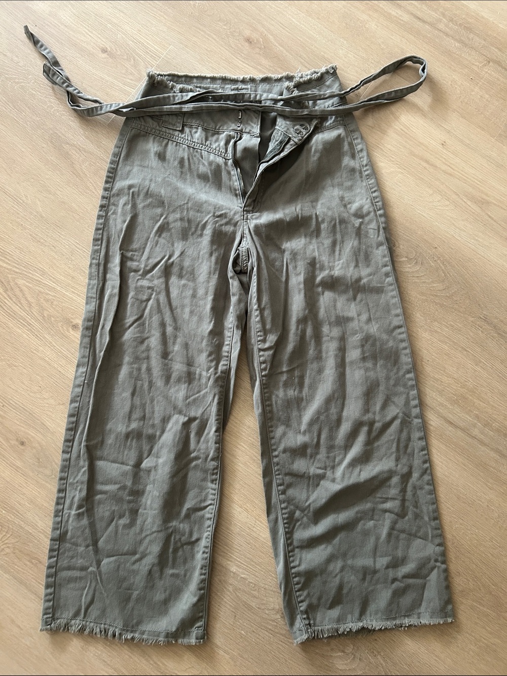 Dynamite Olive High-Rise Wide-Leg Chinos with Self-Tie Waist